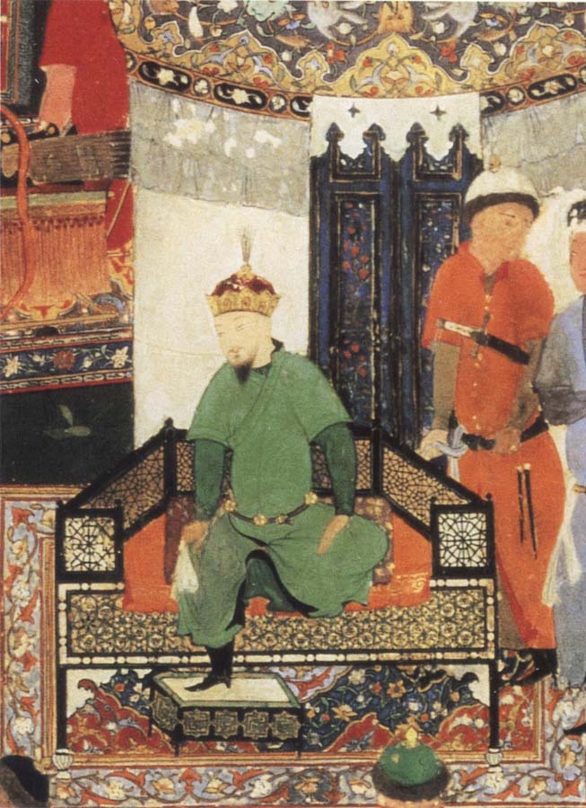 Timur enthroned and holding the white kerchief of rule