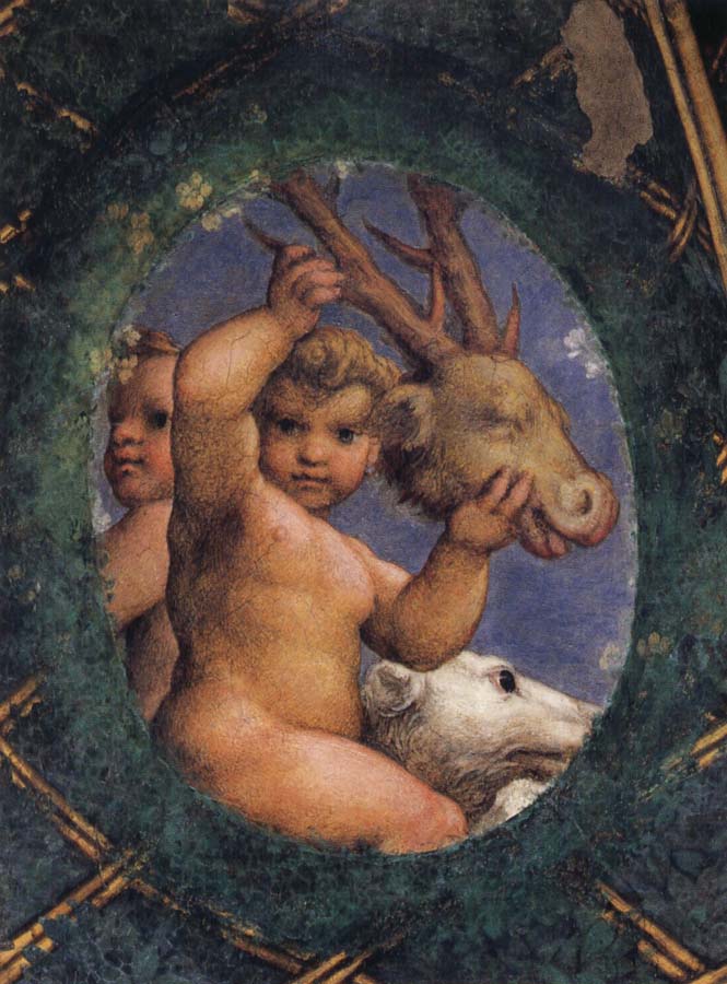 Two ovals depicting a putto with a stag