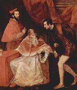 Titian Portrat des Papstes Paulus III mit Kardinal Alessandro Farnese und Herzog Ottavio Farnese. oil