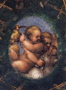 Correggio Two ovals depicting a putto with a stag's head and a putto with a greyhound oil on canvas