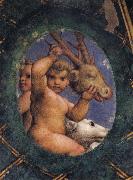 Correggio Two ovals depicting a putto with a stag's head and a putto with a greyhound oil