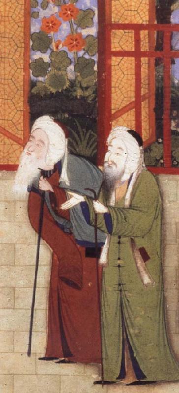 Portrait of jami leaning on a staff,with another scholar of Sultan Husayn-s court, Bihzad