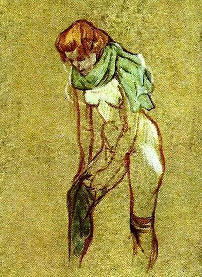 kvinna som drar pa sig strumpan, toulouse-lautrec