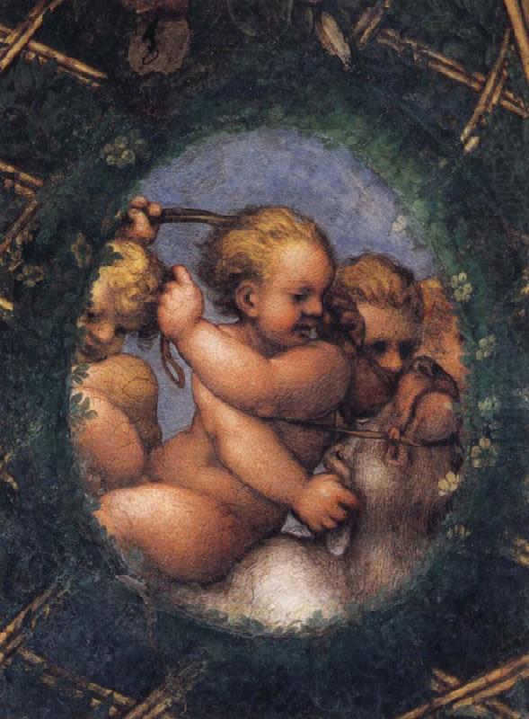 Two ovals depicting a putto with a stag's head and a putto with a greyhound, Correggio